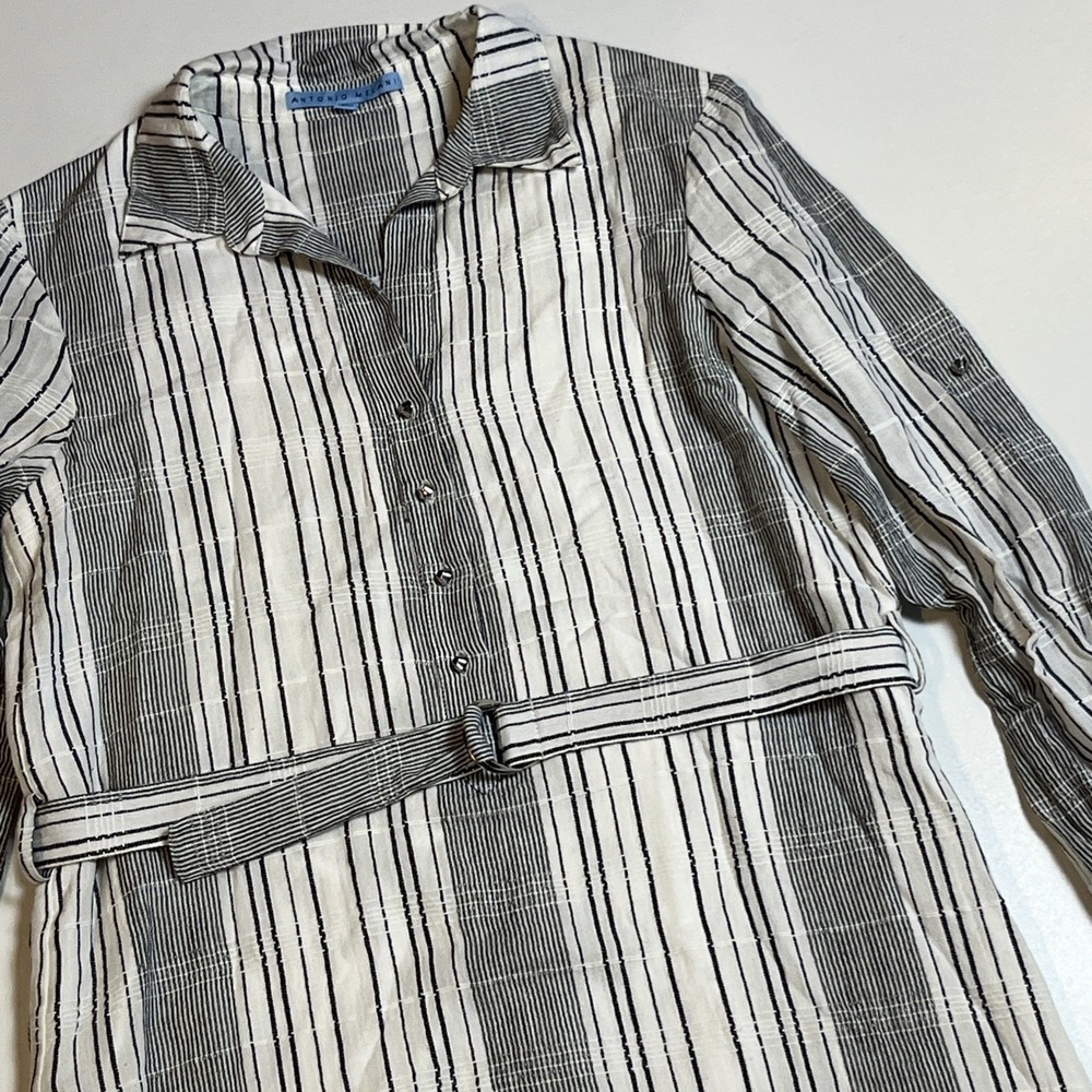 Antonio Melani Belted Shirt Dress Size 2 Effortless Chic Striped Roll Tab Sleeve